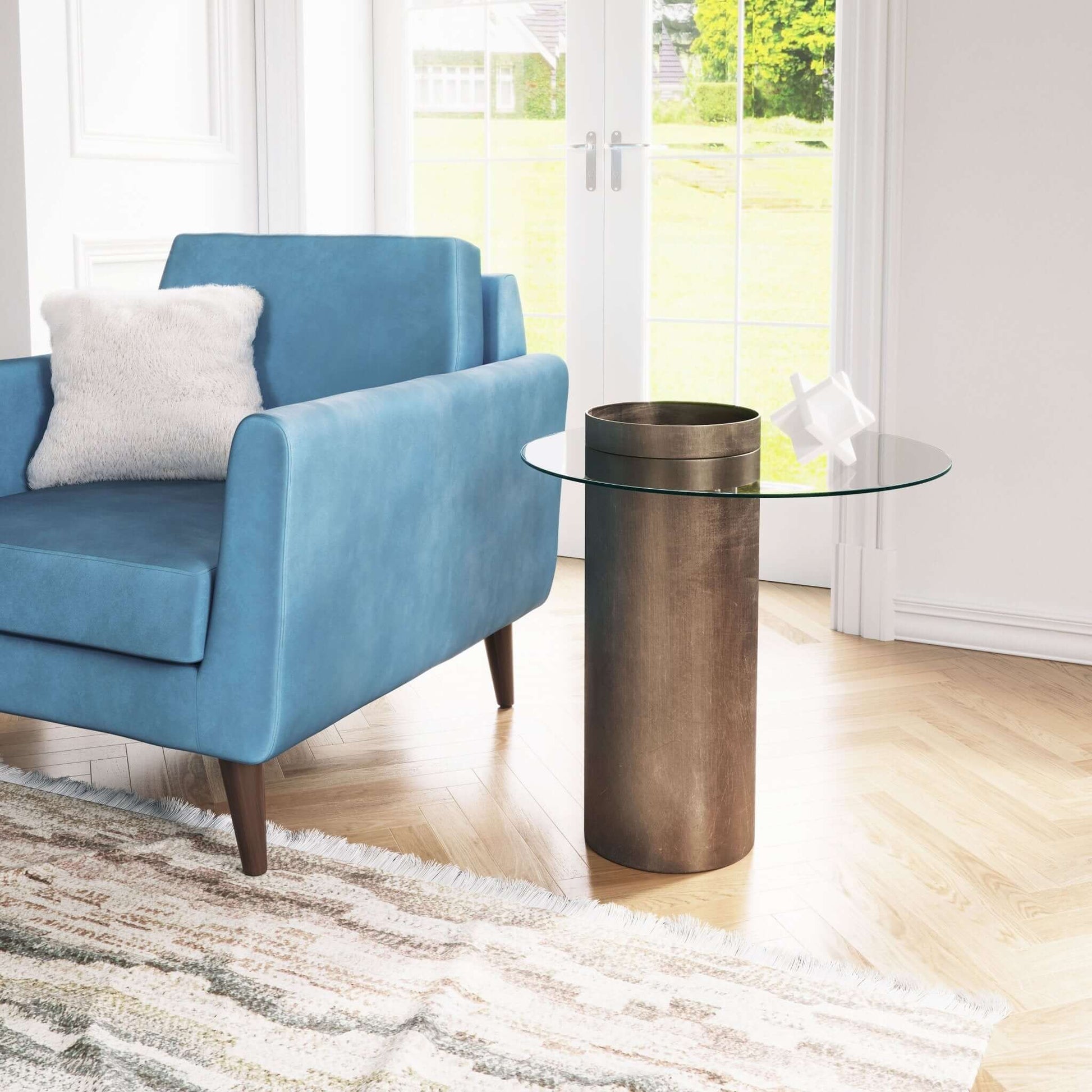 Emi Bronze Cylindrical Base & Round Glass Top End Accent Table 24" - Revel Sofa 