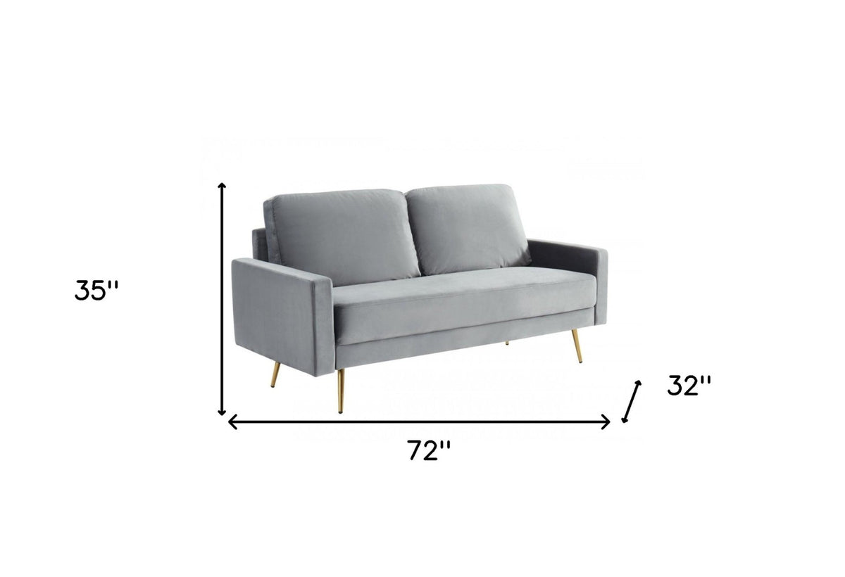 Gray Velvet Upholstered Brass Leg Loveseat Sofa - 72" - Revel Sofa 