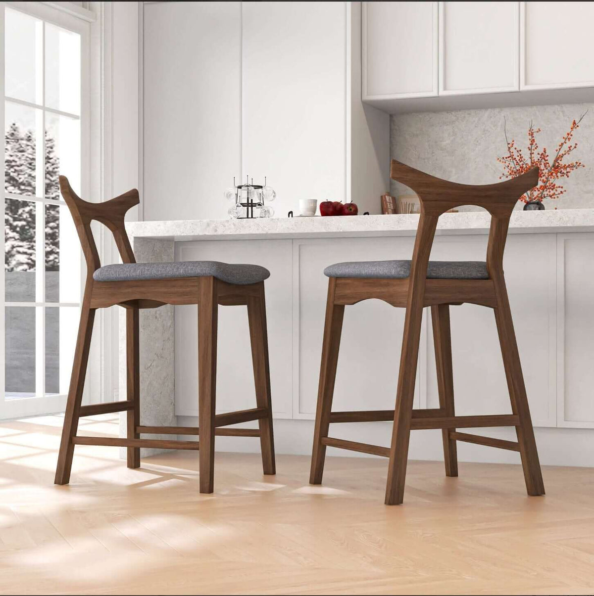 Hester MCM Solid Wood Upholstered Bar Chairs (set of 2) - Revel Sofa 