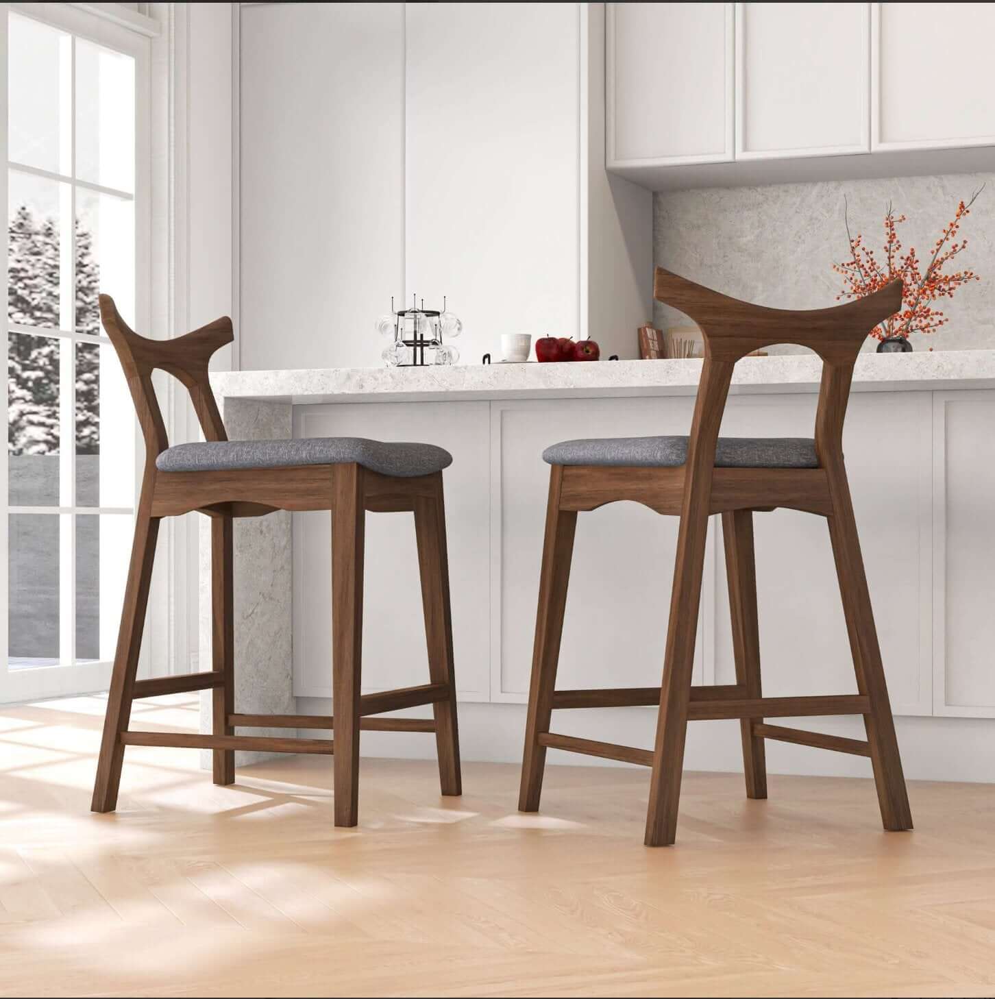 Hester MCM Solid Wood Upholstered Bar Chairs (set of 2) - Revel Sofa 