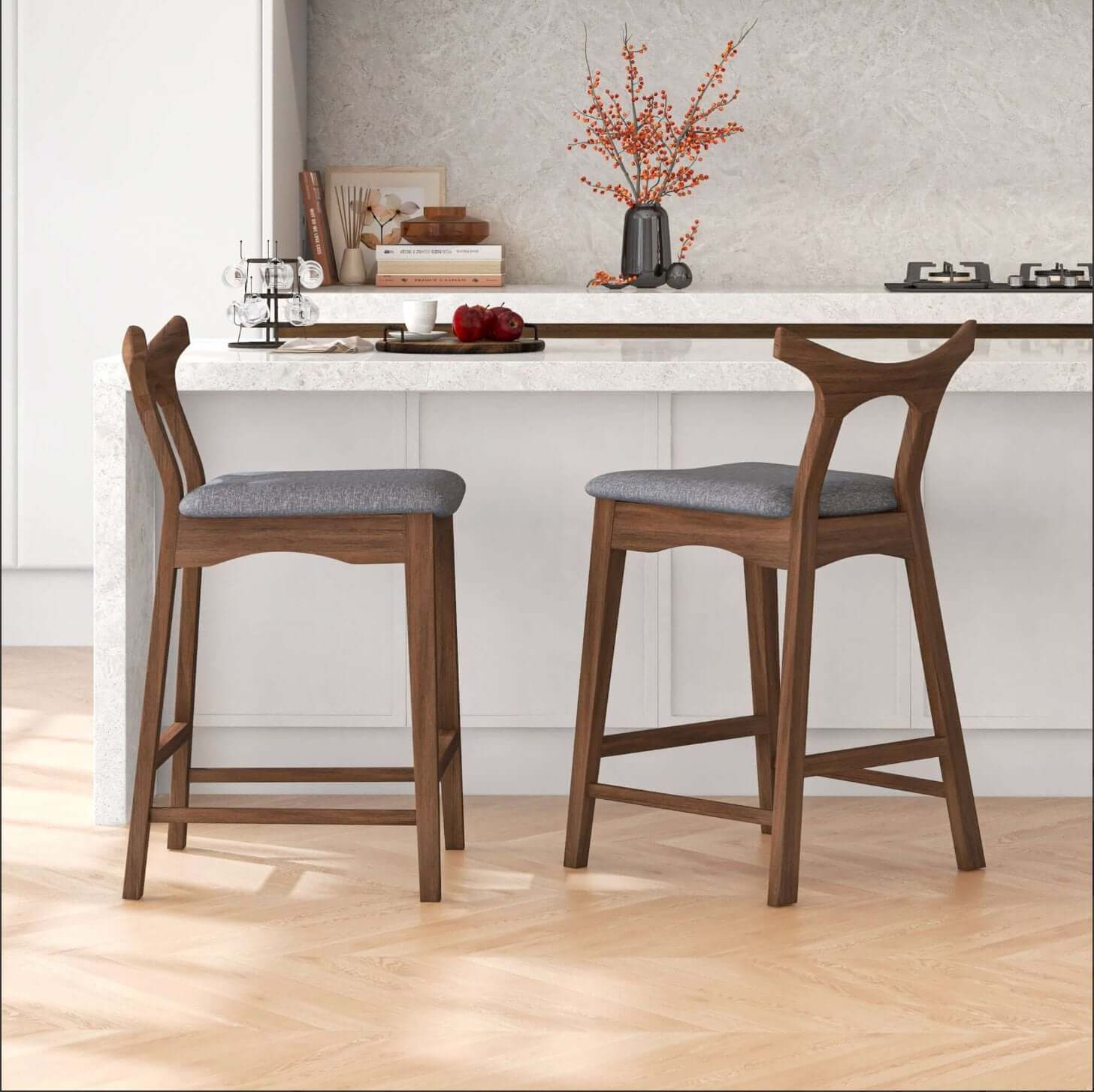 Hester MCM Solid Wood Upholstered Bar Chairs (set of 2) - Revel Sofa 