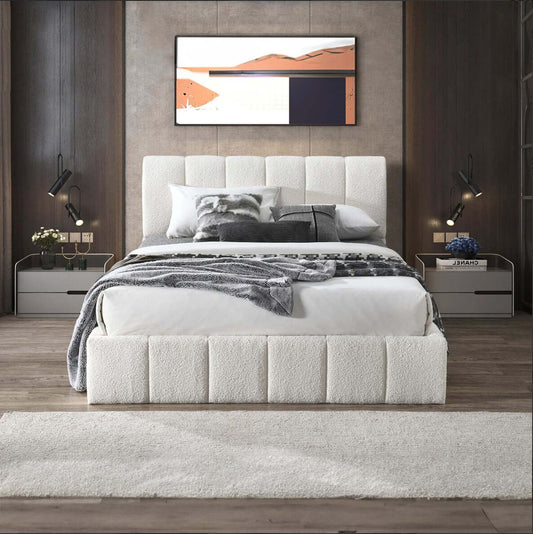 Hilar Channel Tufted White Boucle Platform Bed Frame - Revel Sofa