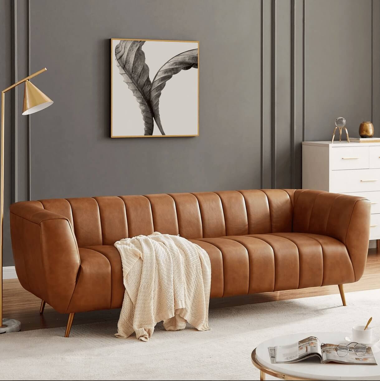 LaMattina MCM Genuine Leather Channel Tufted Sofa 86” - Revel Sofa 