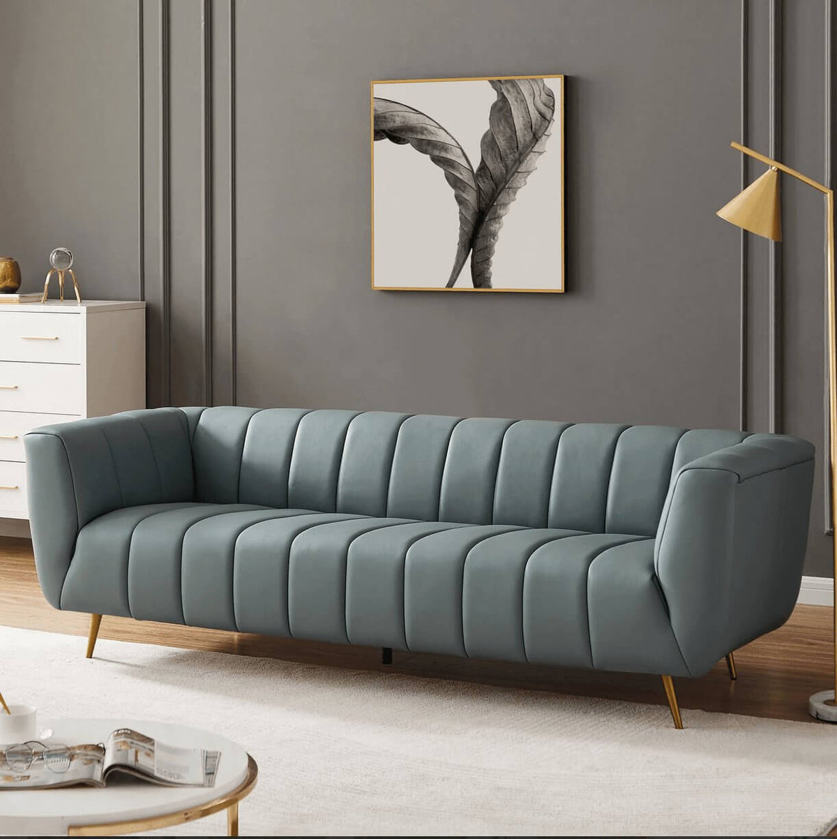 LaMattina MCM Genuine Leather Channel Tufted Sofa 86” - Revel Sofa 