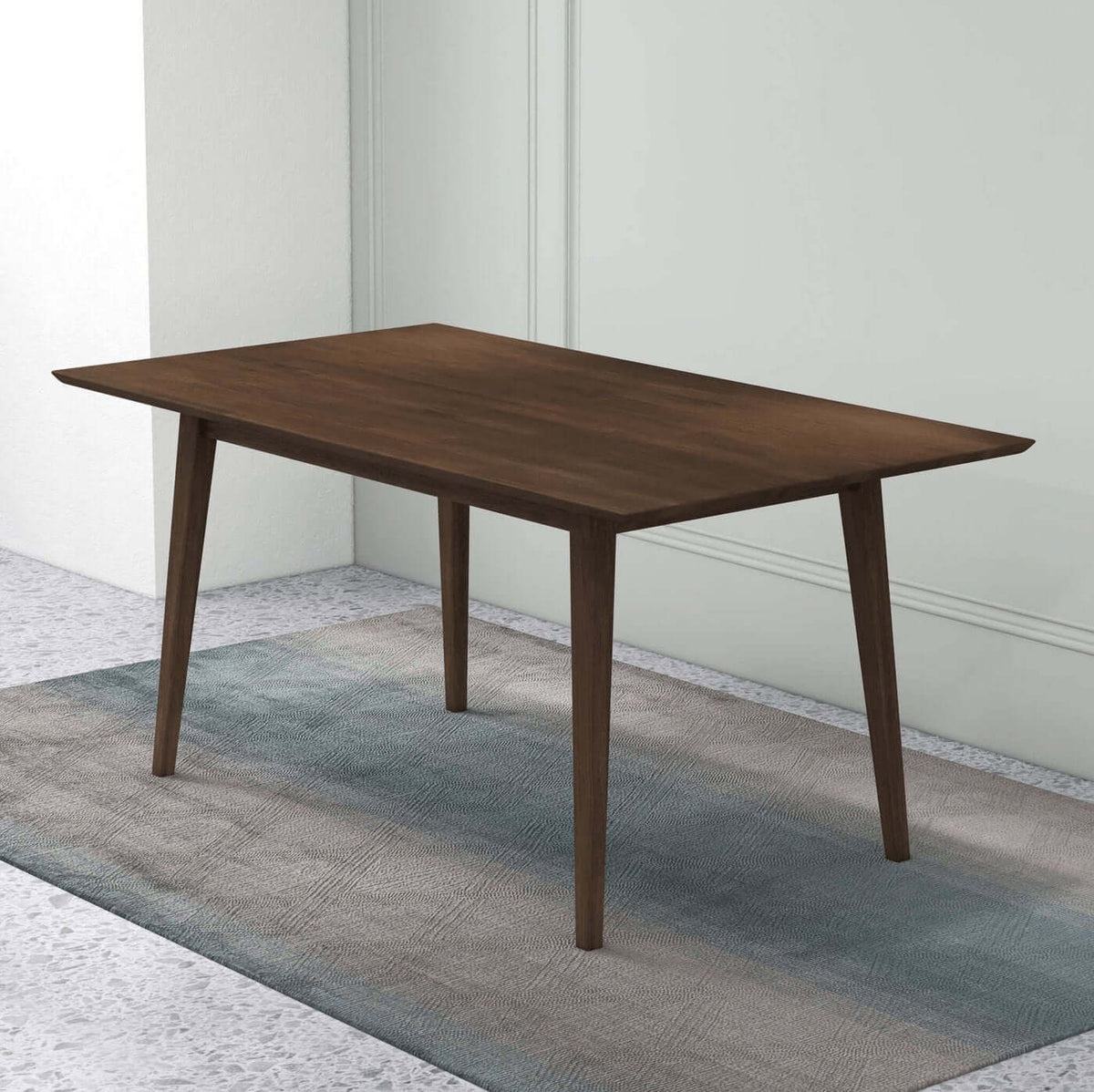 Levi MCM Walnut Dining Table – Rectangular Solid Wood Table (3 Sizes, 2 Colors) displayed in modern dining space.