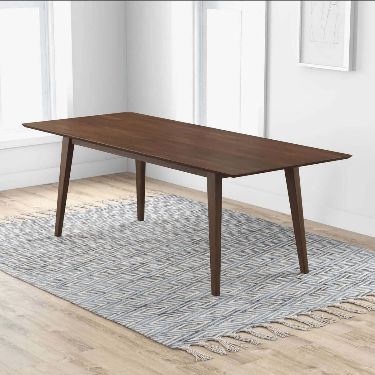 Levi MCM Walnut Dining Table – Rectangular Solid Wood Table (3 Sizes, 2 Colors) displayed in a modern dining space.