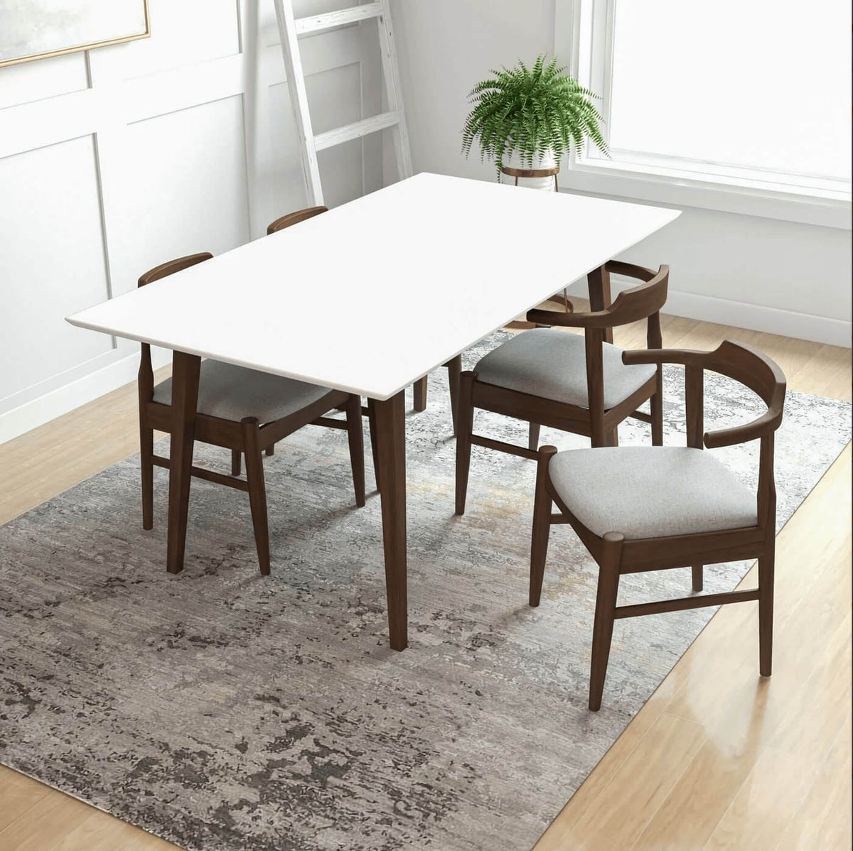 Levi MCM Walnut Dining Table – Rectangular Solid Wood Table (3 Sizes, 2 Colors) with modern chairs in a cozy dining space.