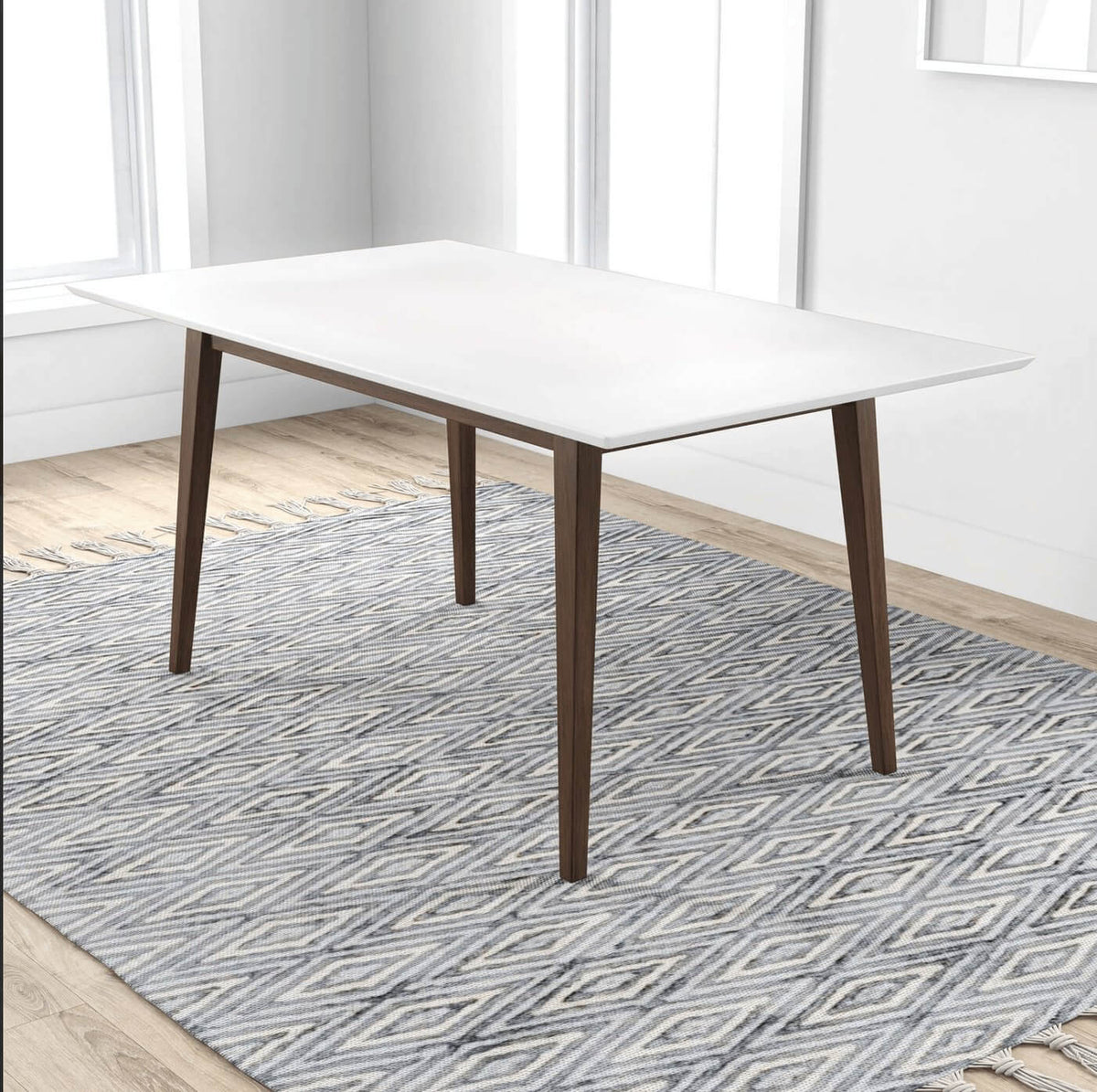 Levi MCM Walnut Dining Table – Rectangular Solid Wood Table (3 Sizes, 2 Colors) in a bright dining room setting.