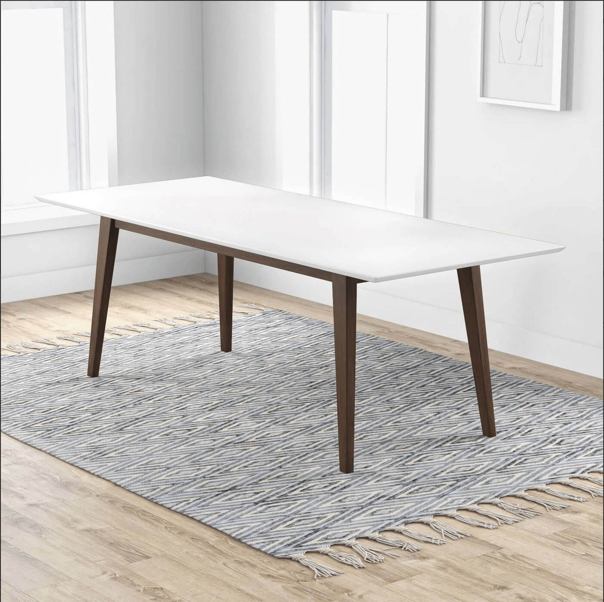 Levi MCM Walnut Dining Table – Rectangular Solid Wood Table (3 Sizes, 2 Colors) displayed in a bright dining area.