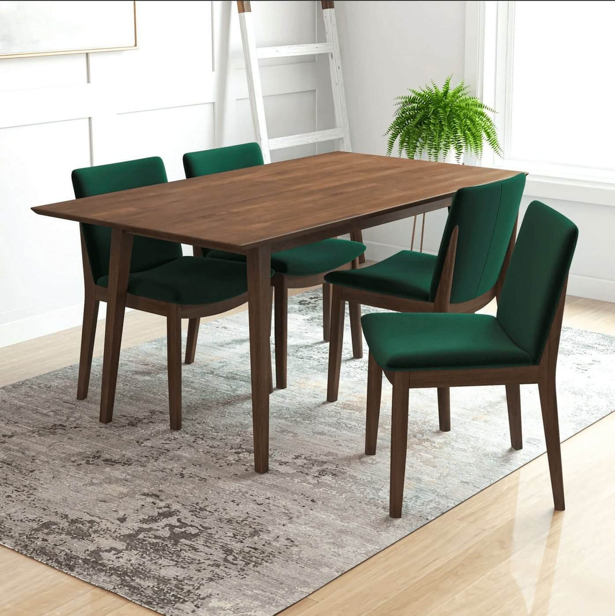 Levi MCM Walnut Dining Table – Rectangular Solid Wood Table (3 Sizes, 2 Colors) with green chairs in a modern dining setup.