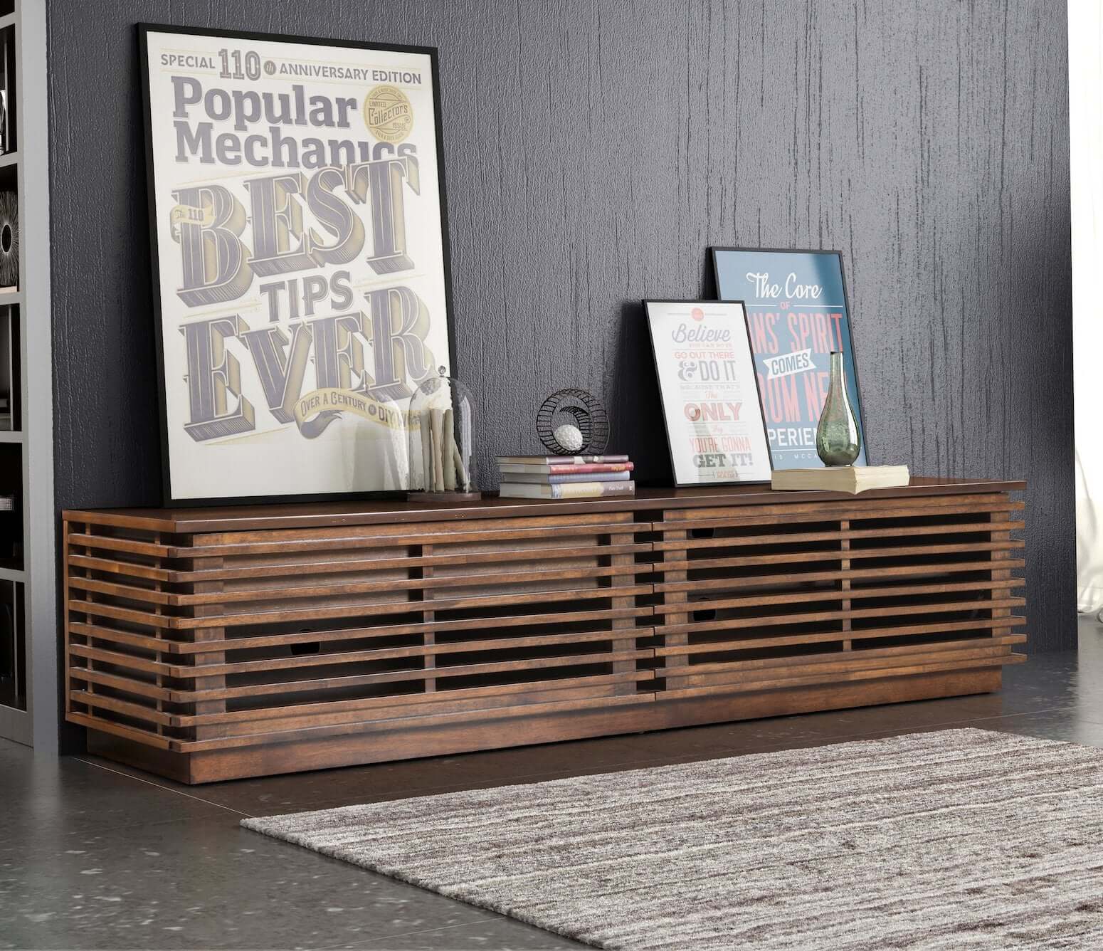 Linea Solid Wood Slatted TV Stand Entertainment Console, Walnut Finish 71" - Revel Sofa 