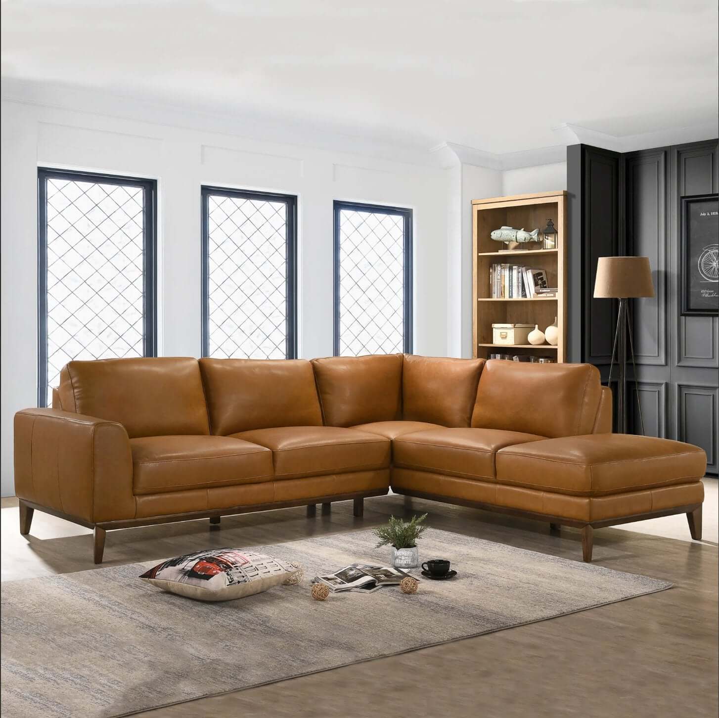 London MCM Style Genuine Leather Sectional Chaise Sofa - Revel Sofa 