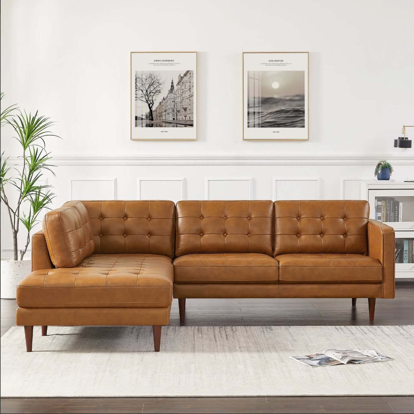 Lucco MCM Style Tufted Leather L-Shape Sectional Chaise Sofa - Revel Sofa 
