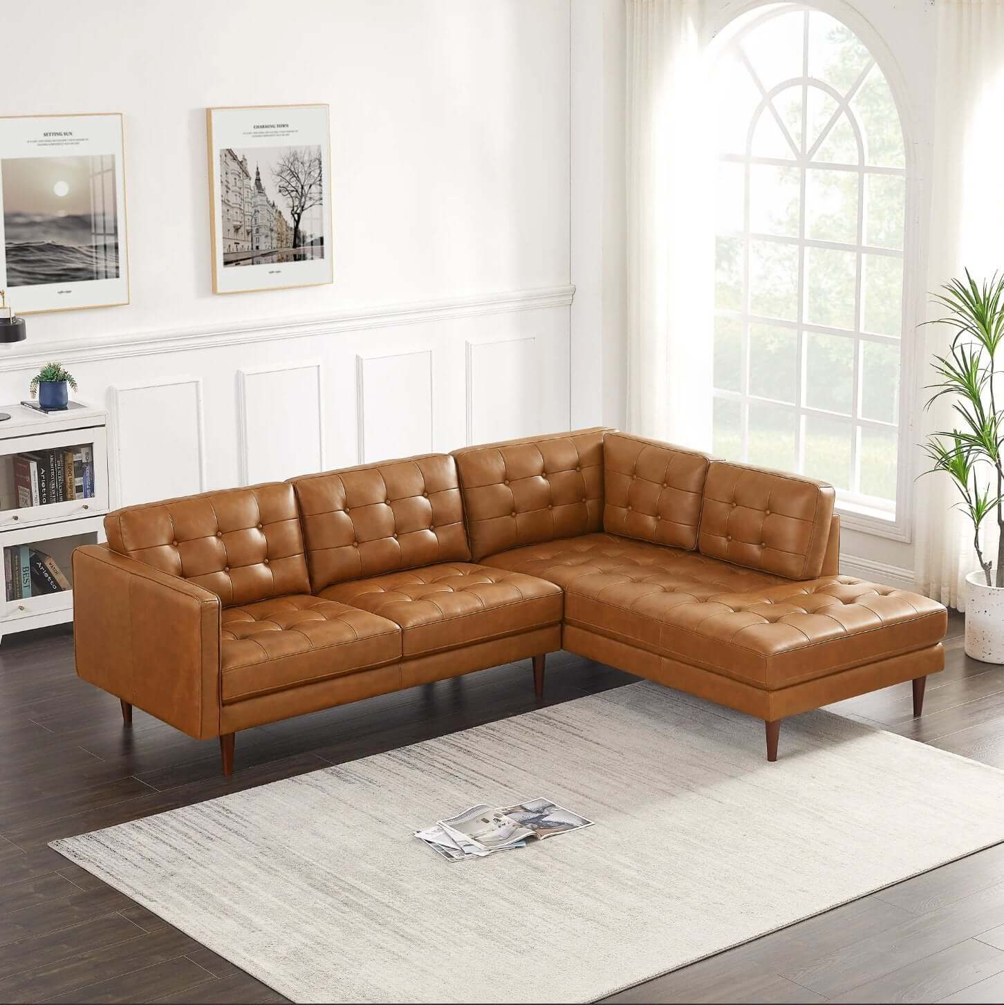 Lucco MCM Style Tufted Leather L-Shape Sectional Chaise Sofa - Revel Sofa 
