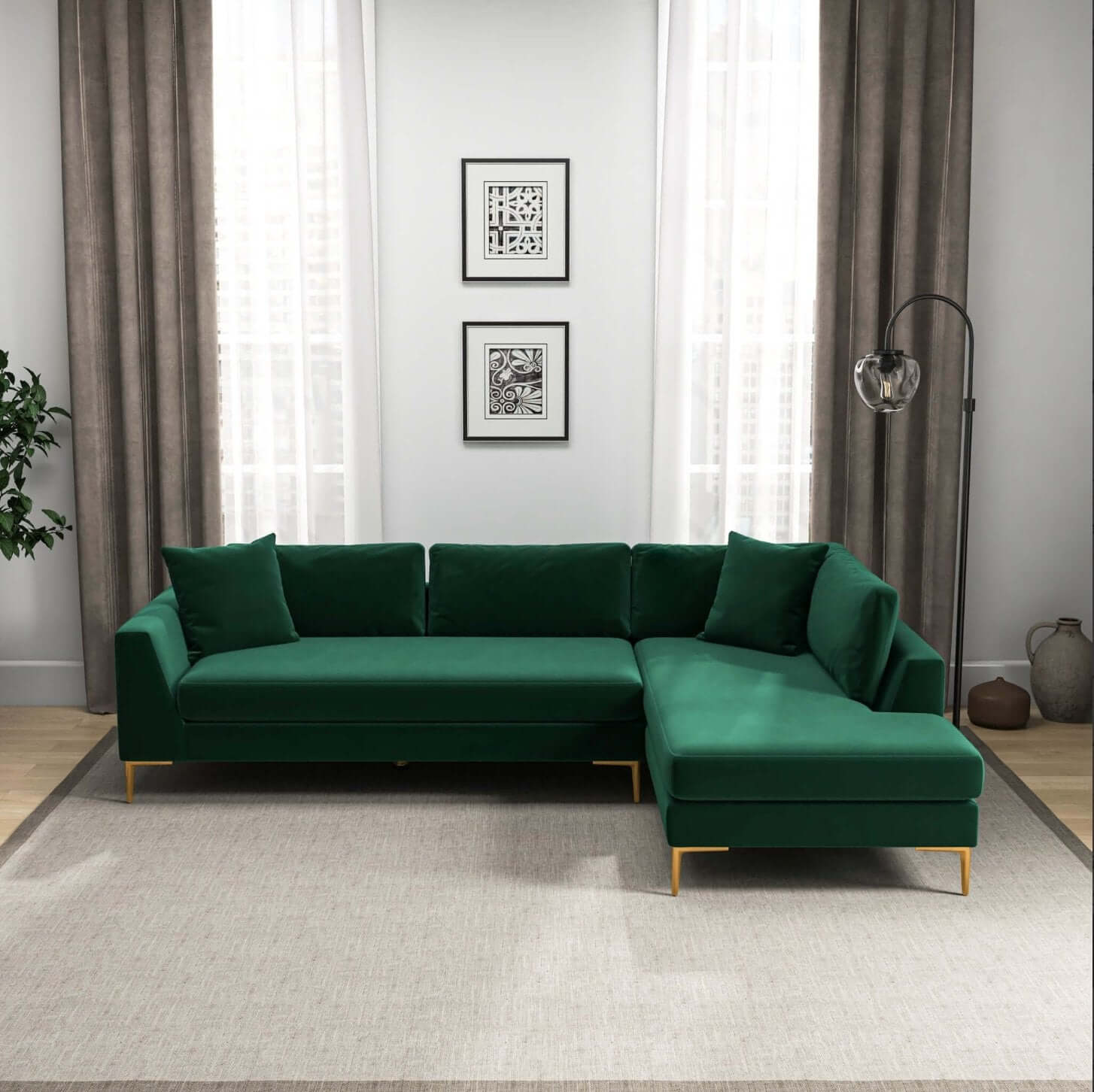 Mano Modern Velvet L-Shaped Sectional Chaise Sofa in Green - Revel Sofa 