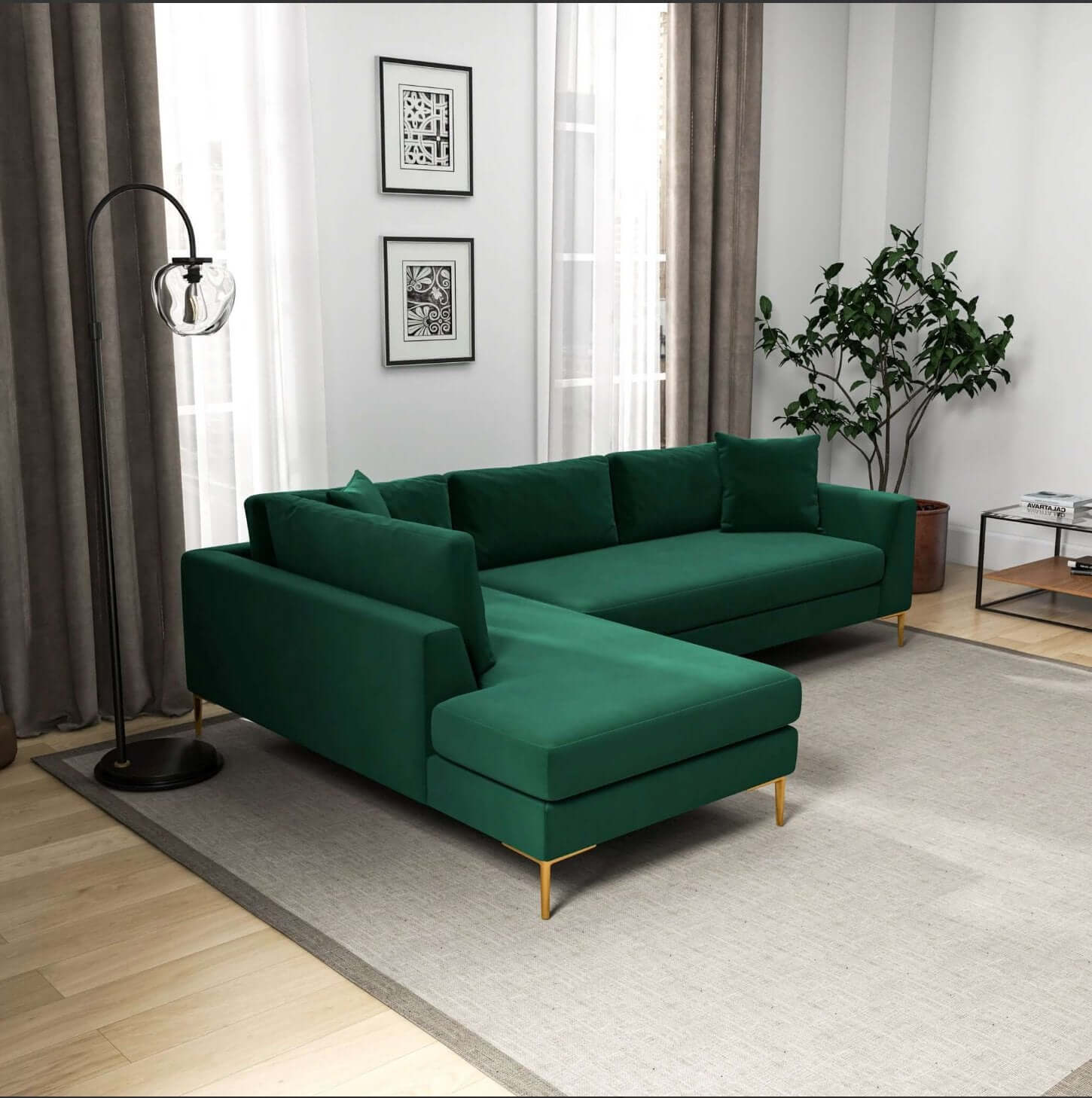 Mano Modern Velvet L-Shaped Sectional Chaise Sofa in Green - Revel Sofa 