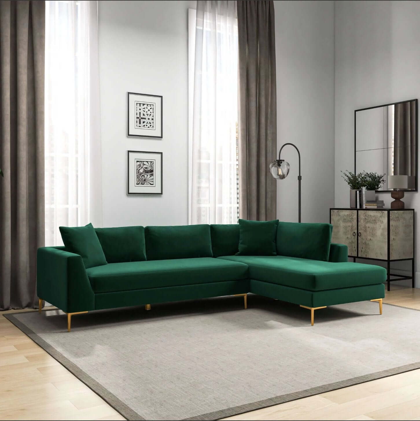 Mano Modern Velvet L-Shaped Sectional Chaise Sofa in Green - Revel Sofa 