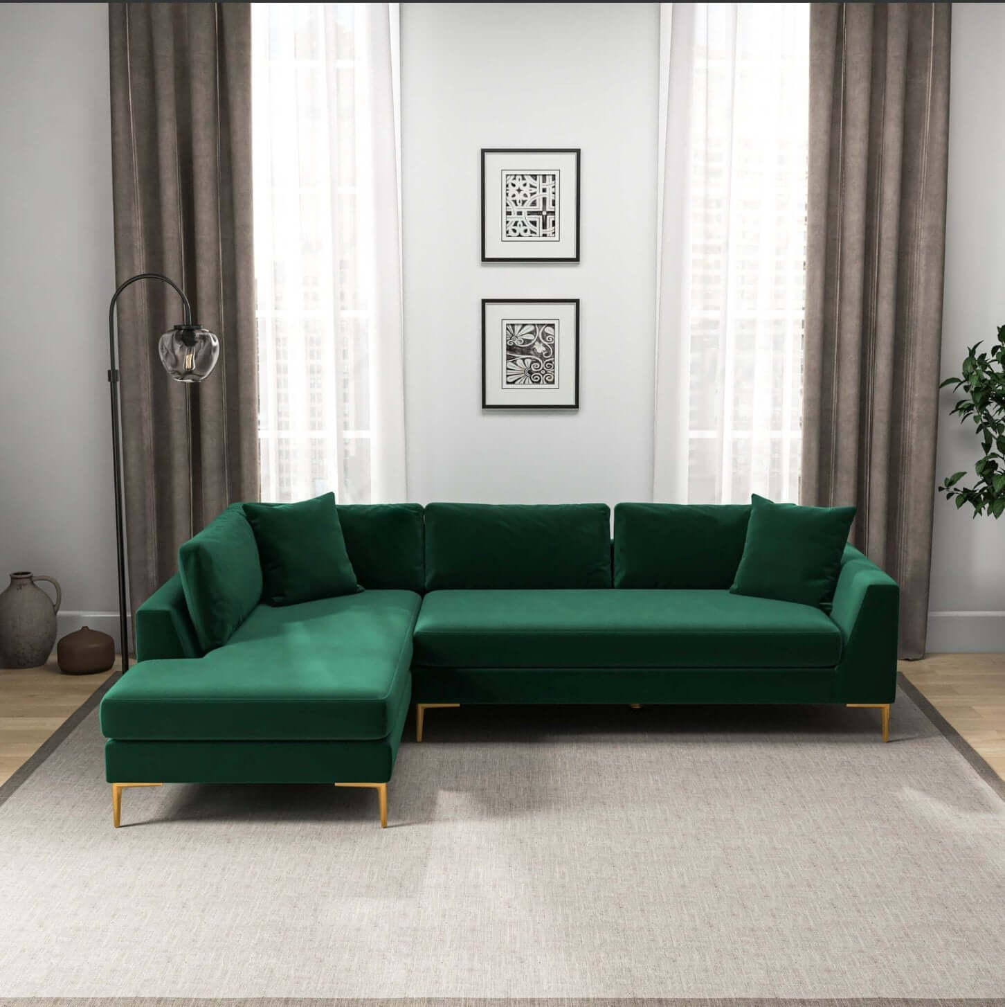 Mano Modern Velvet L-Shaped Sectional Chaise Sofa in Green - Revel Sofa 