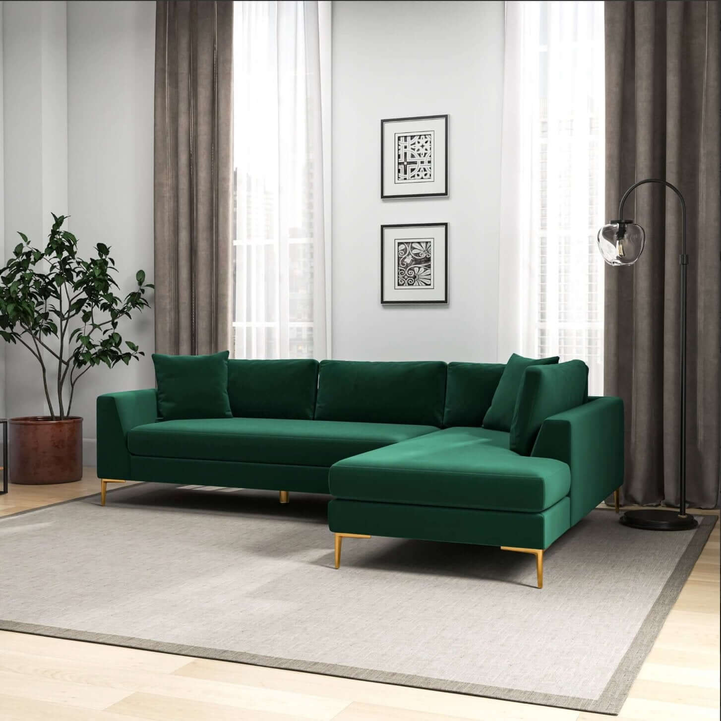 Mano Modern Velvet L-Shaped Sectional Chaise Sofa in Green - Revel Sofa 