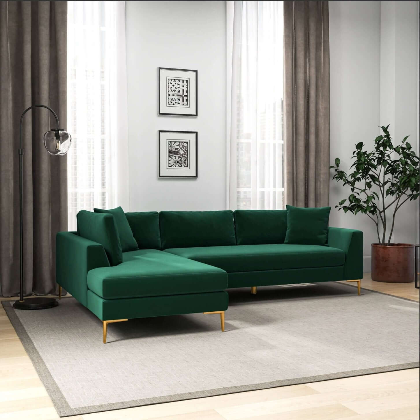 Mano Modern Velvet L-Shaped Sectional Chaise Sofa in Green - Revel Sofa 