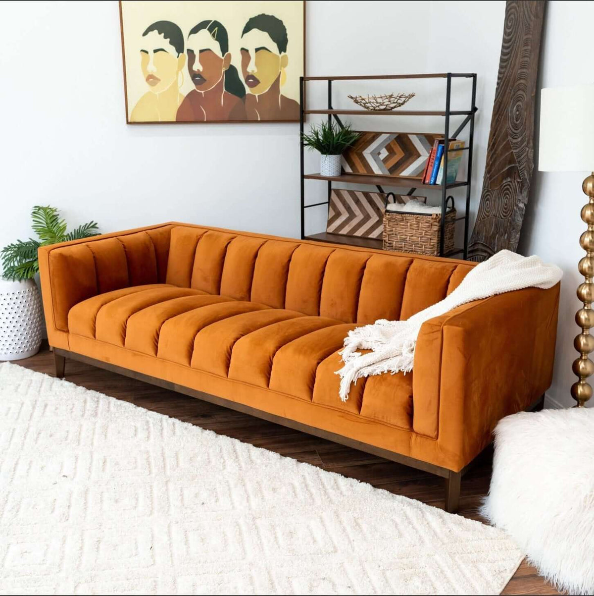 Modern Channel Tufted Fabric Sofa 90” – Melissa MCM Boucle or Velvet Couch (3 Colors) in orange upholstery.