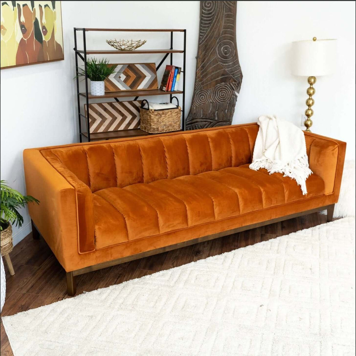 Modern Channel Tufted Fabric Sofa 90” – Melissa MCM Boucle or Velvet Couch (3 Colors) in orange velvet.