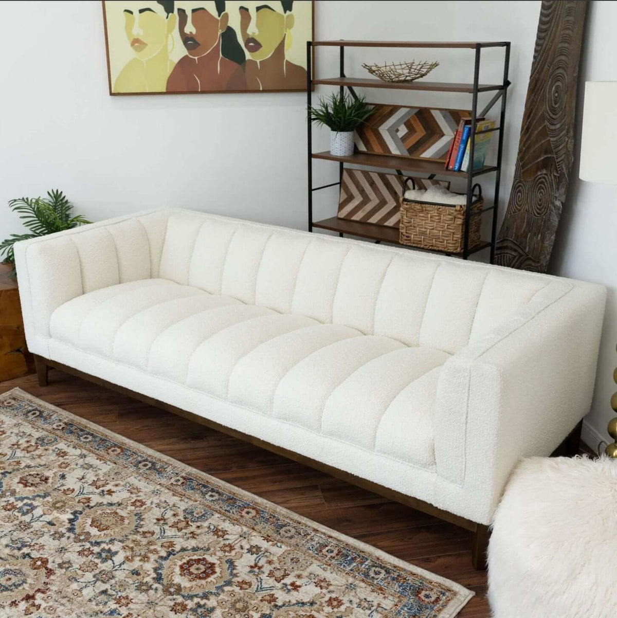 Modern Channel Tufted Fabric Sofa 90” – Melissa MCM Boucle or Velvet Couch (3 Colors) in a stylish living room setting.