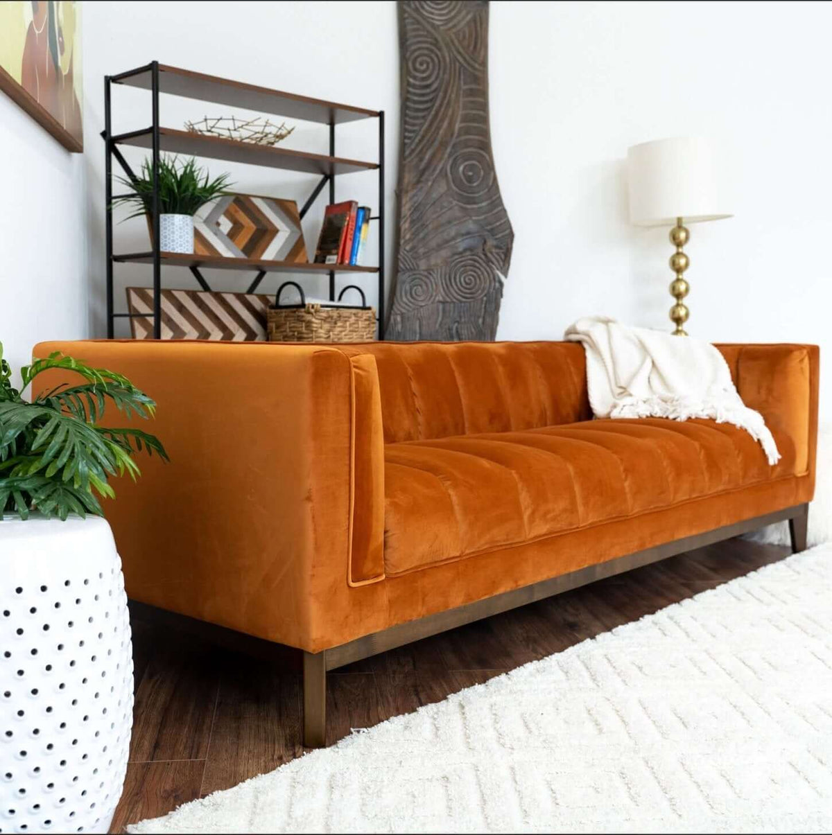 Modern Channel Tufted Fabric Sofa 90” – Melissa MCM Boucle or Velvet Couch (3 Colors) in rich orange velvet.