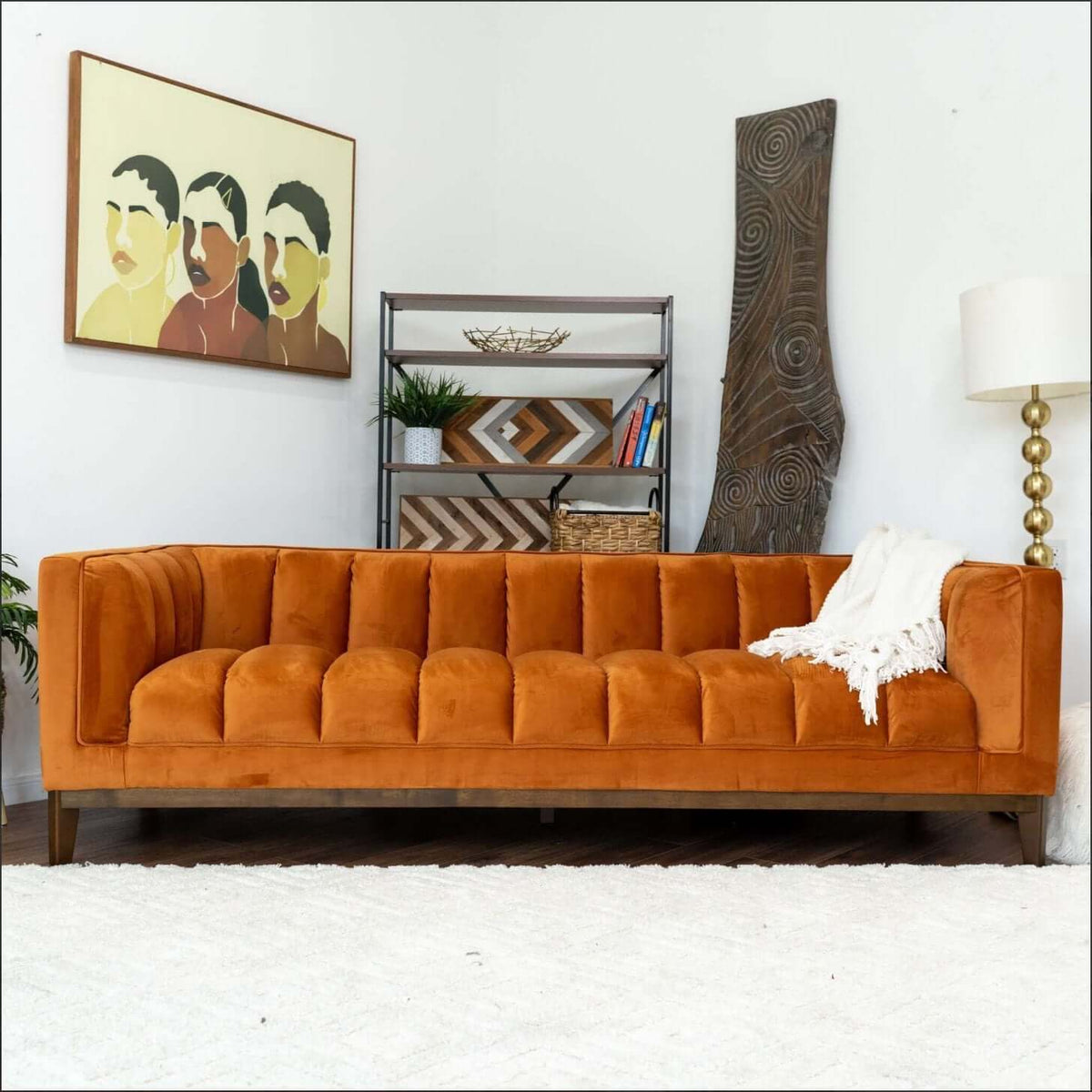 Modern Channel Tufted Fabric Sofa 90” – Melissa MCM Boucle or Velvet Couch (3 Colors) in vibrant orange upholstery.