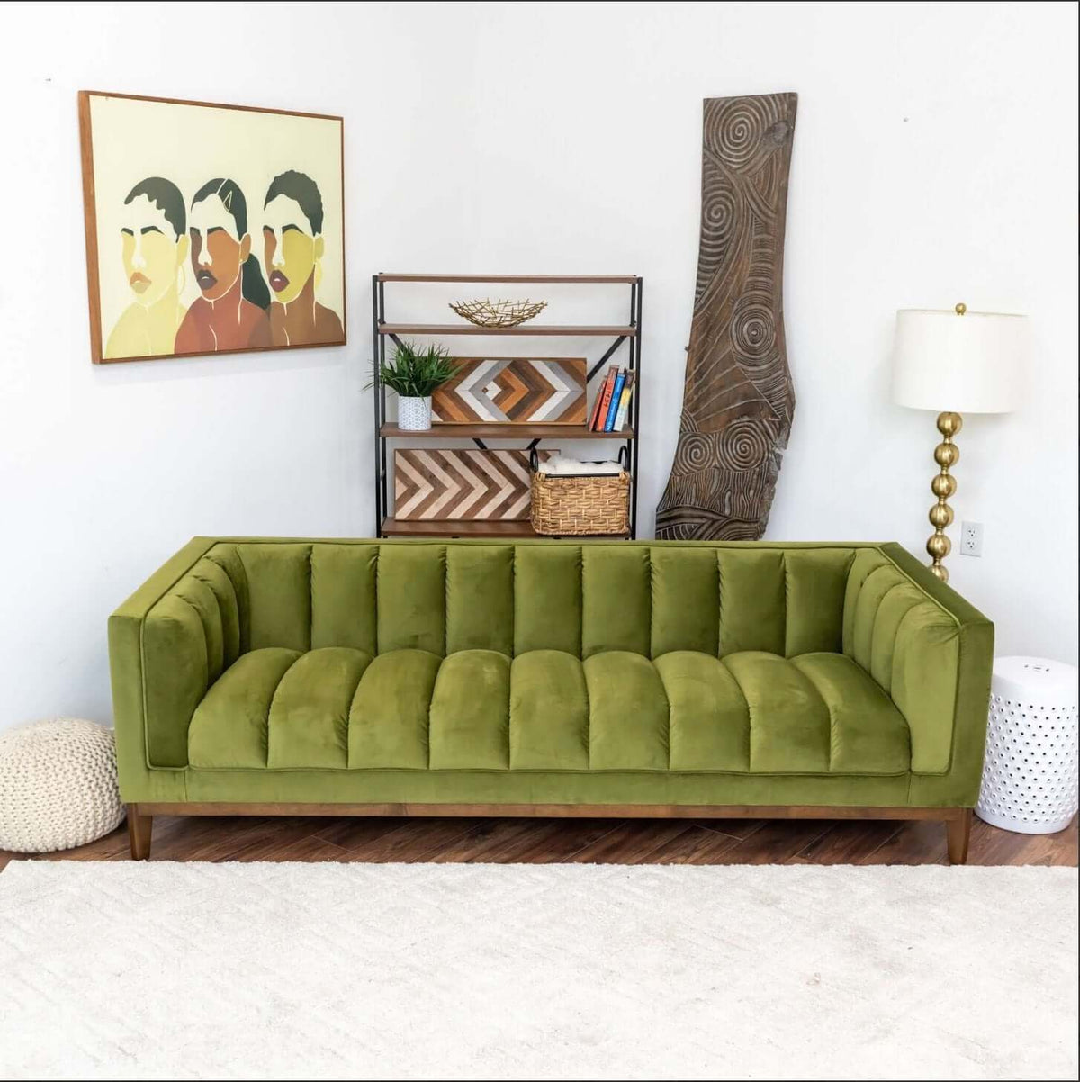 Modern Channel Tufted Fabric Sofa 90” – Melissa MCM Boucle or Velvet Couch (3 Colors) in green upholstery.