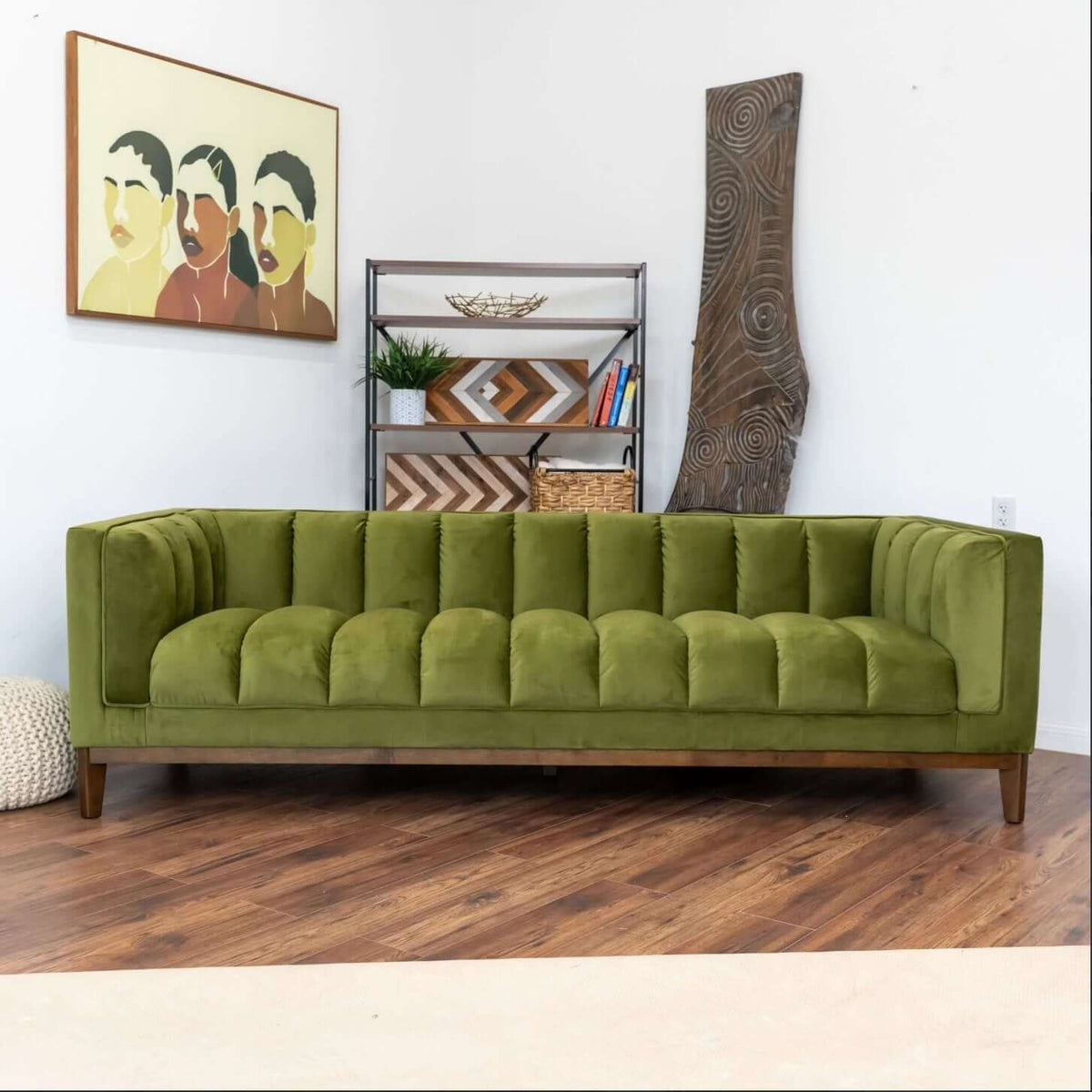 Modern Channel Tufted Fabric Sofa 90” – Melissa MCM Boucle or Velvet Couch (3 Colors) in olive green upholstery.