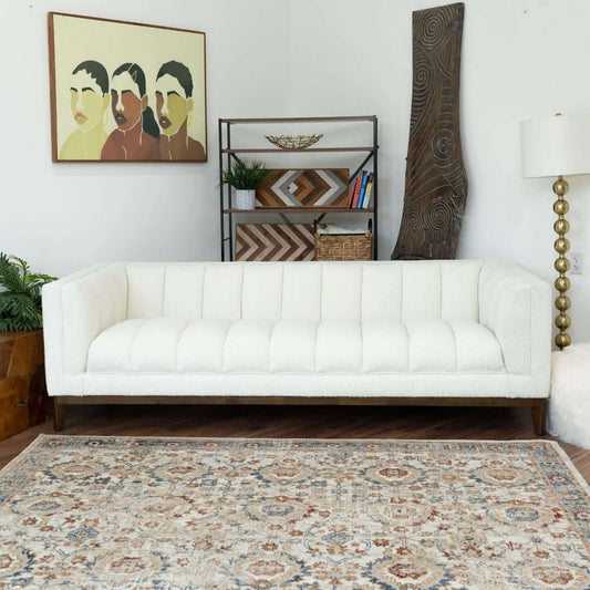 Modern Channel Tufted Fabric Sofa 90” – Melissa MCM Boucle or Velvet Couch (3 Colors) in a stylish living room setting.