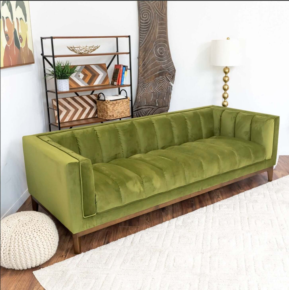 Modern Channel Tufted Fabric Sofa 90” – Melissa MCM Boucle or Velvet Couch (3 Colors) in green velvet upholstery.