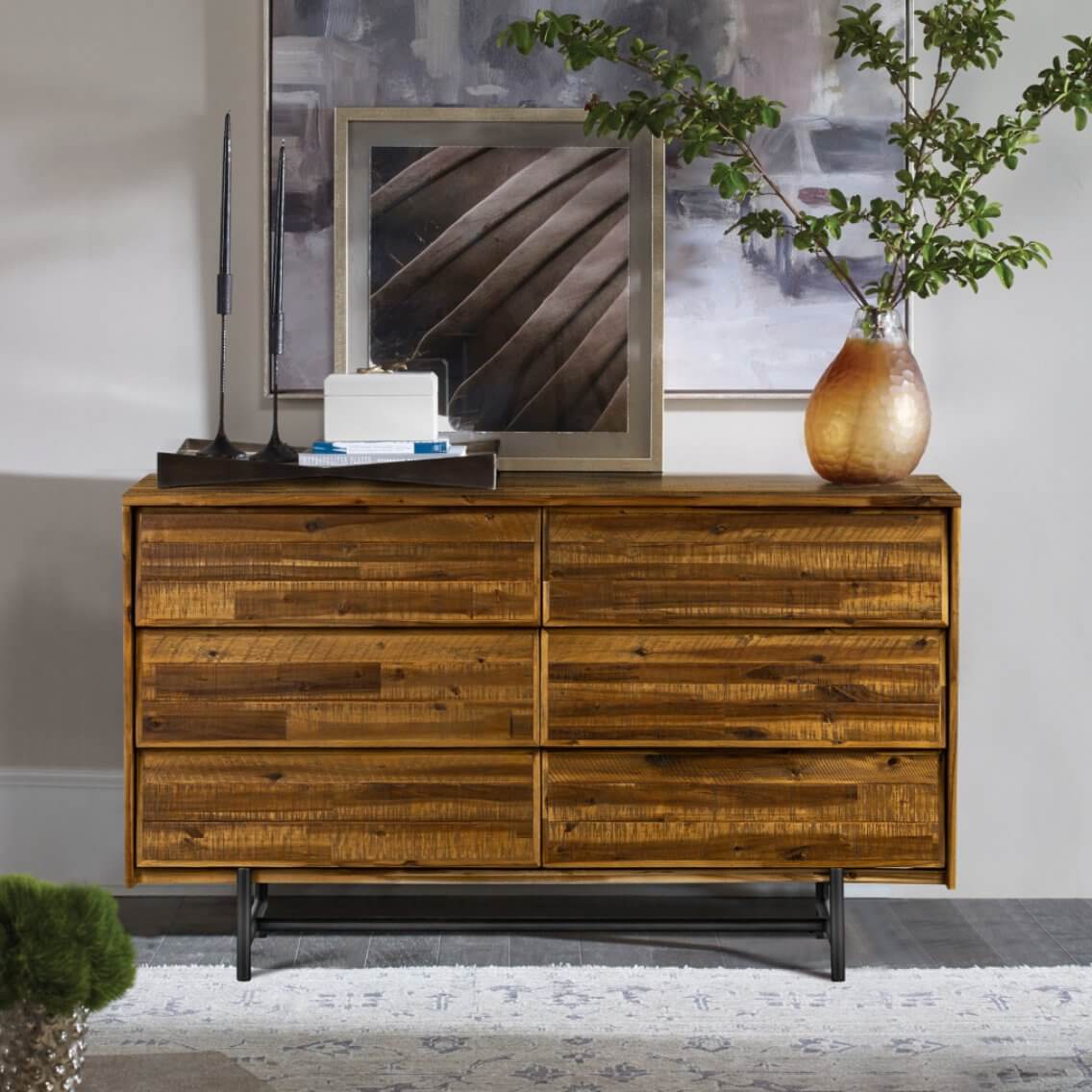 MidCentury Modern Solid Wood Six Drawer Double Dresser Brown And Black 57" - Revel Sofa 