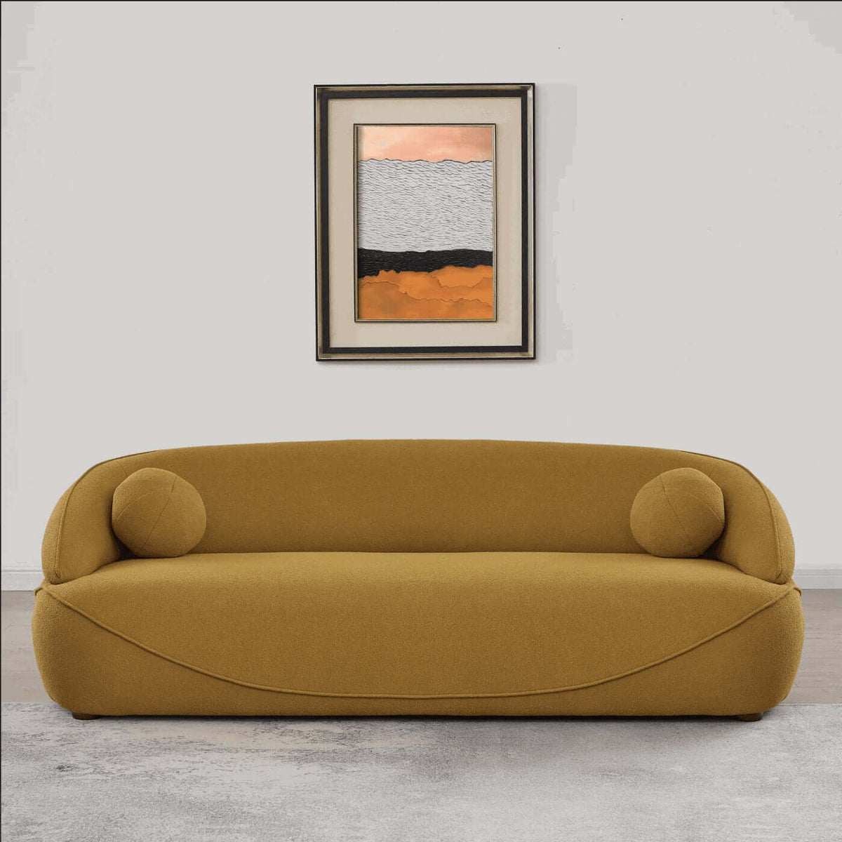 Modern Curved Boucle Sofa 84” (3 Colors) – Andrew Minimalist Sculptural Couch in soft mustard upholstery.