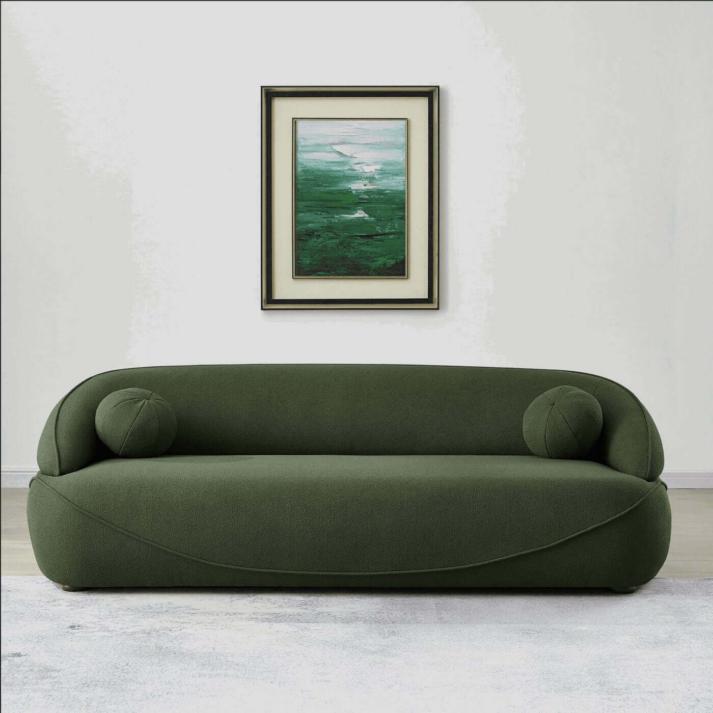 Modern Curved Boucle Sofa 84” (3 Colors) – Andrew Minimalist Sculptural Couch in green upholstery, designed for everyday comfort.