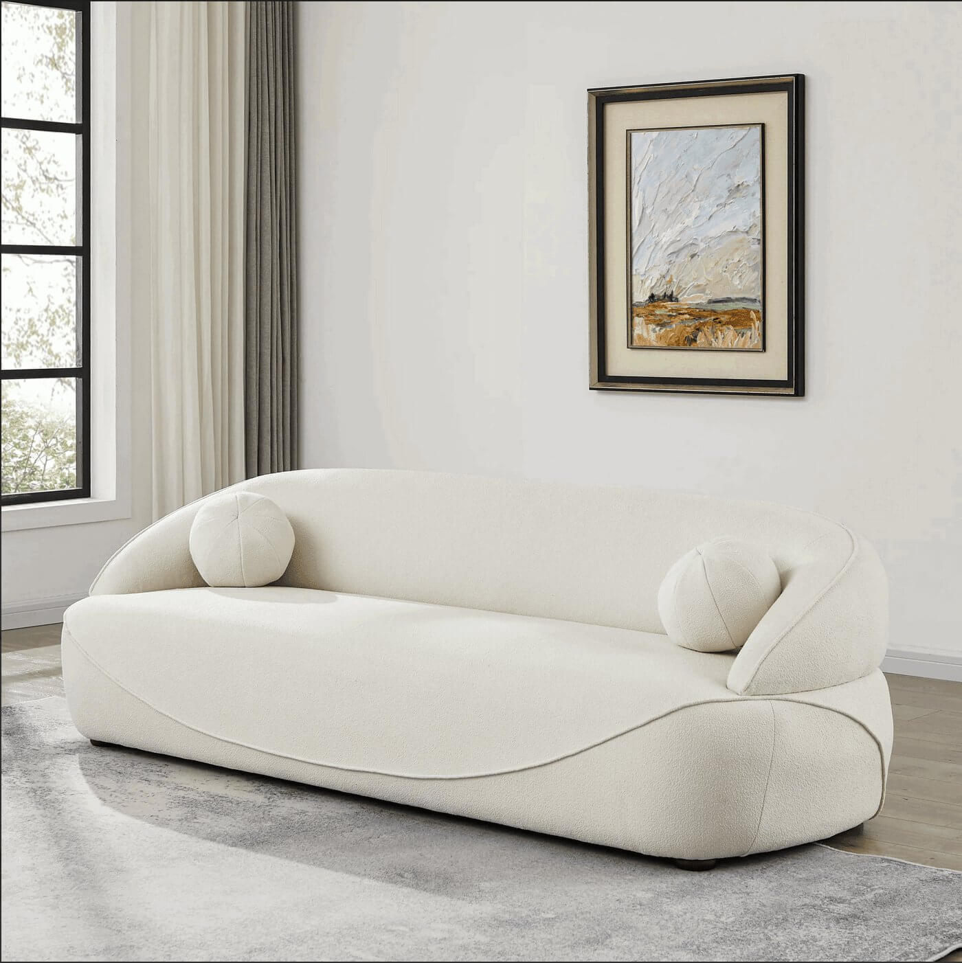 Modern Curved Boucle Sofa 84” (3 Colors) – Andrew Minimalist Sculptural Couch in soft white upholstery.