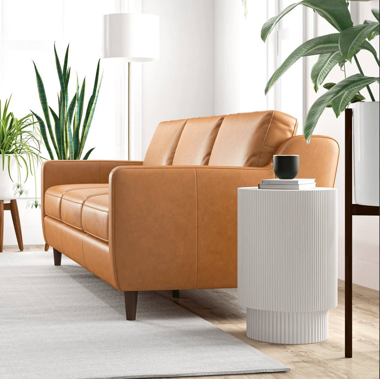 Modern Genuine Leather 3 Seat Sofa 81” – Cooper MCM Tan Leather Couch in a stylish living room setting.