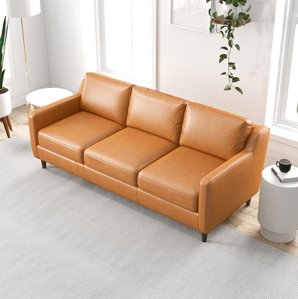 Modern Genuine Leather 3 Seat Sofa 81” – Cooper MCM Tan Leather Couch in a stylish living room setting.