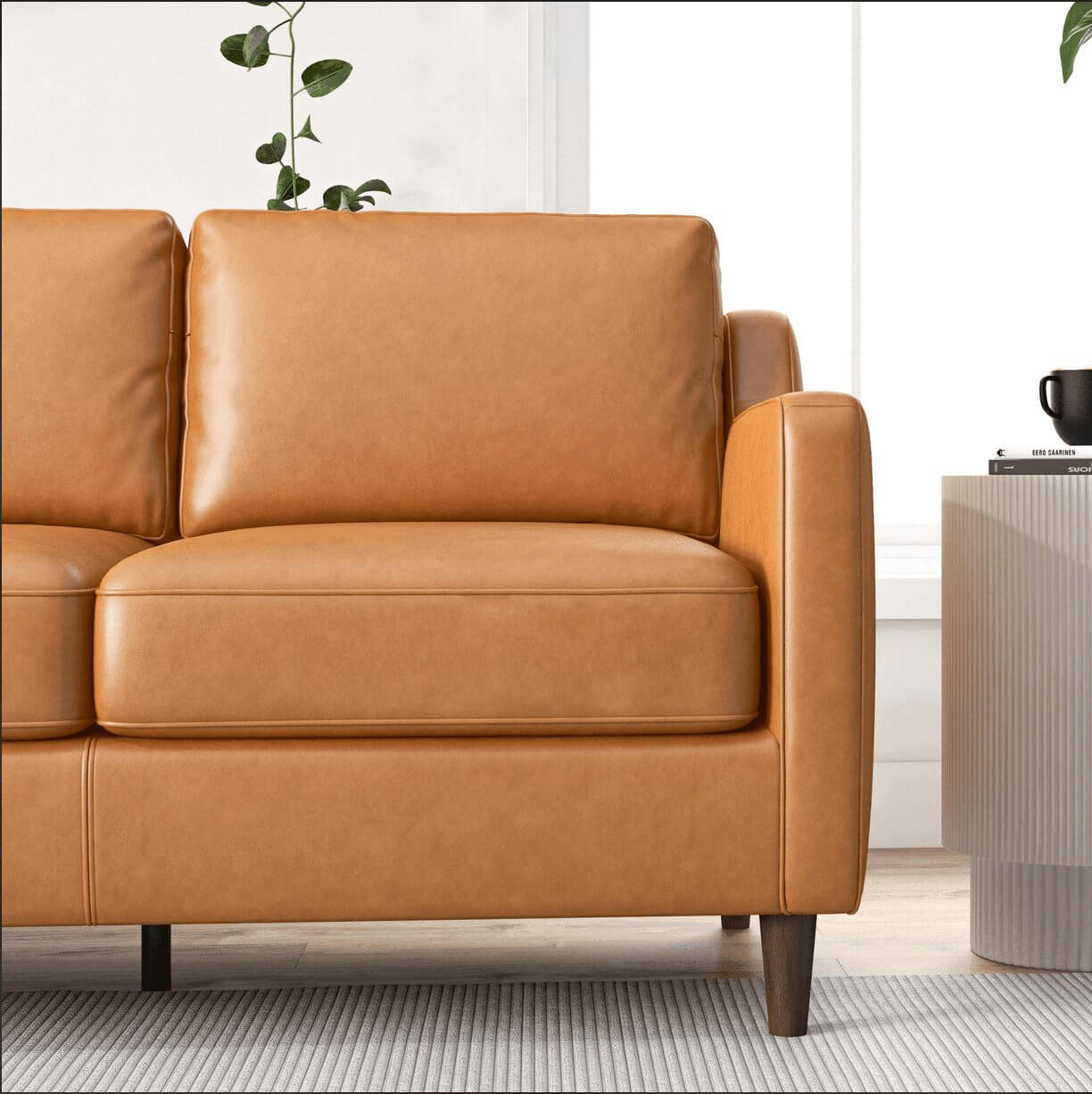 Modern Genuine Leather 3 Seat Sofa 81” – Cooper MCM Tan Leather Couch detail, showcasing tan leather upholstery.