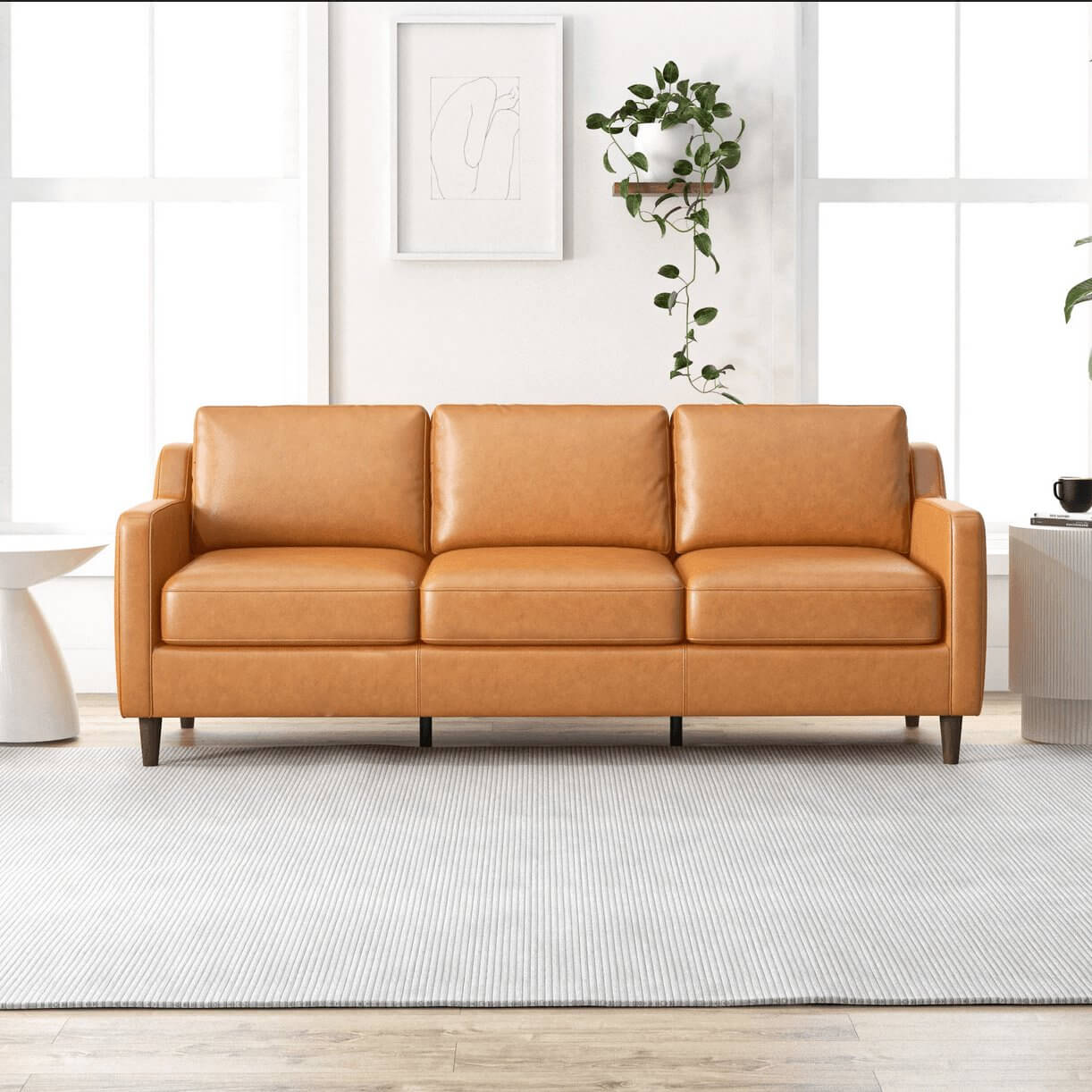 Modern Genuine Leather 3 Seat Sofa 81” – Cooper MCM Tan Leather Couch in a stylish living room setting.