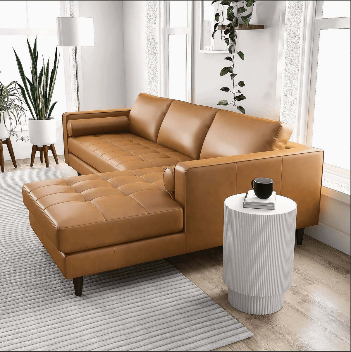Modern Tufted Leather Chaise Sofa Sectional 101” – Anthony MCM Genuine Leather L-Shape Couch in a stylish living room.