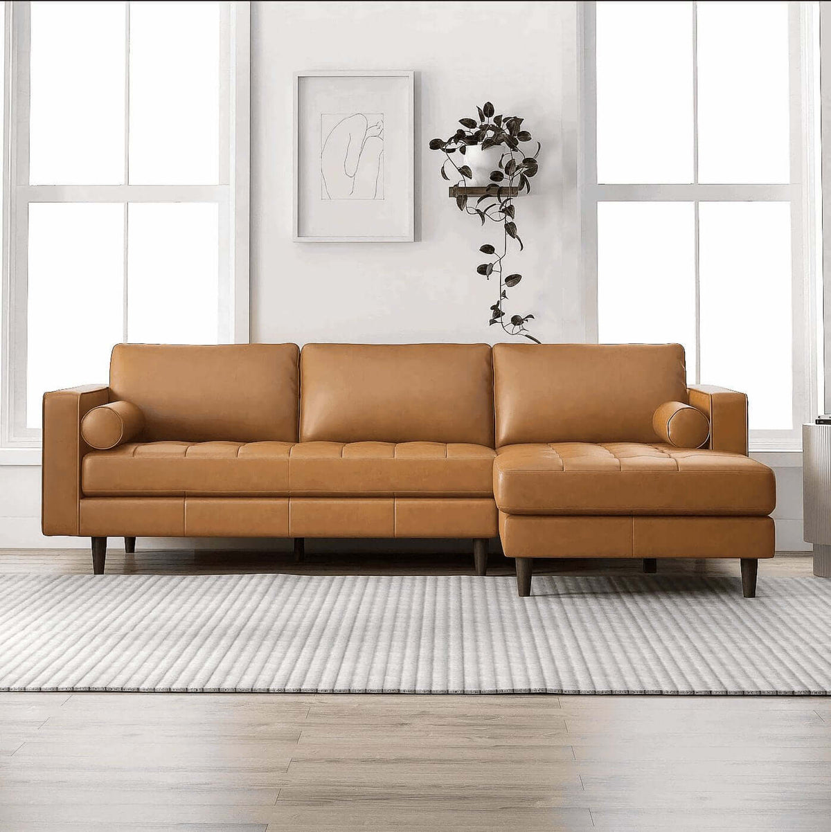 Modern Tufted Leather Chaise Sofa Sectional 101” – Anthony MCM Genuine Leather L-Shape Couch in tan leather.