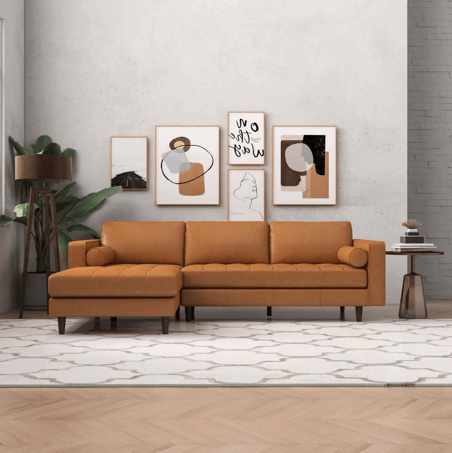 Modern Tufted Leather Chaise Sofa Sectional 101” – Anthony MCM Genuine Leather L-Shape Couch in a stylish living room setting.