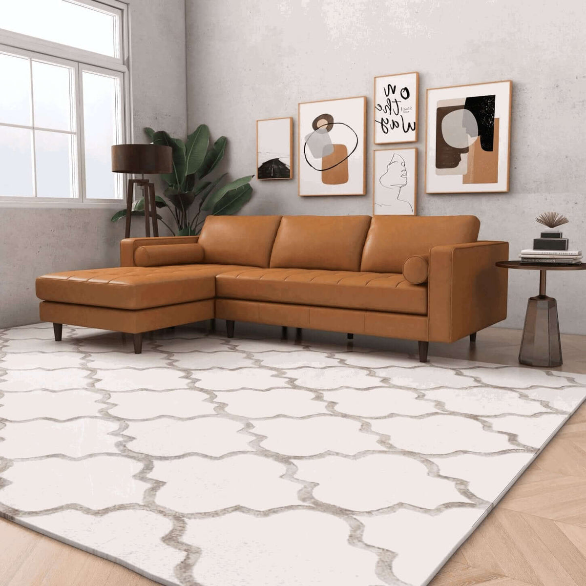 Modern Tufted Leather Chaise Sofa Sectional 101” – in room setting
