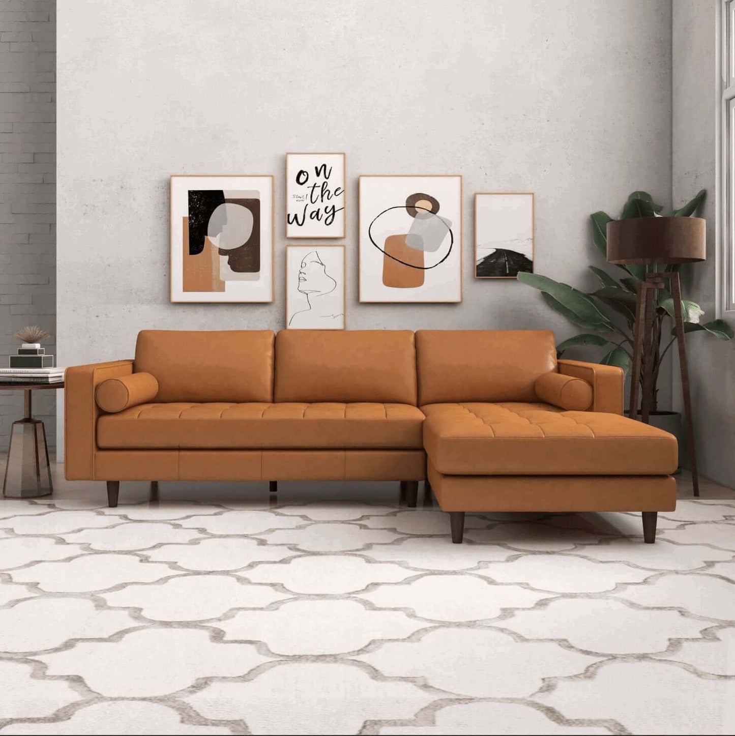 Modern Tufted Leather Chaise Sofa Sectional 101” – Anthony MCM Genuine Leather L-Shape Couch in tan leather with artwork behind.