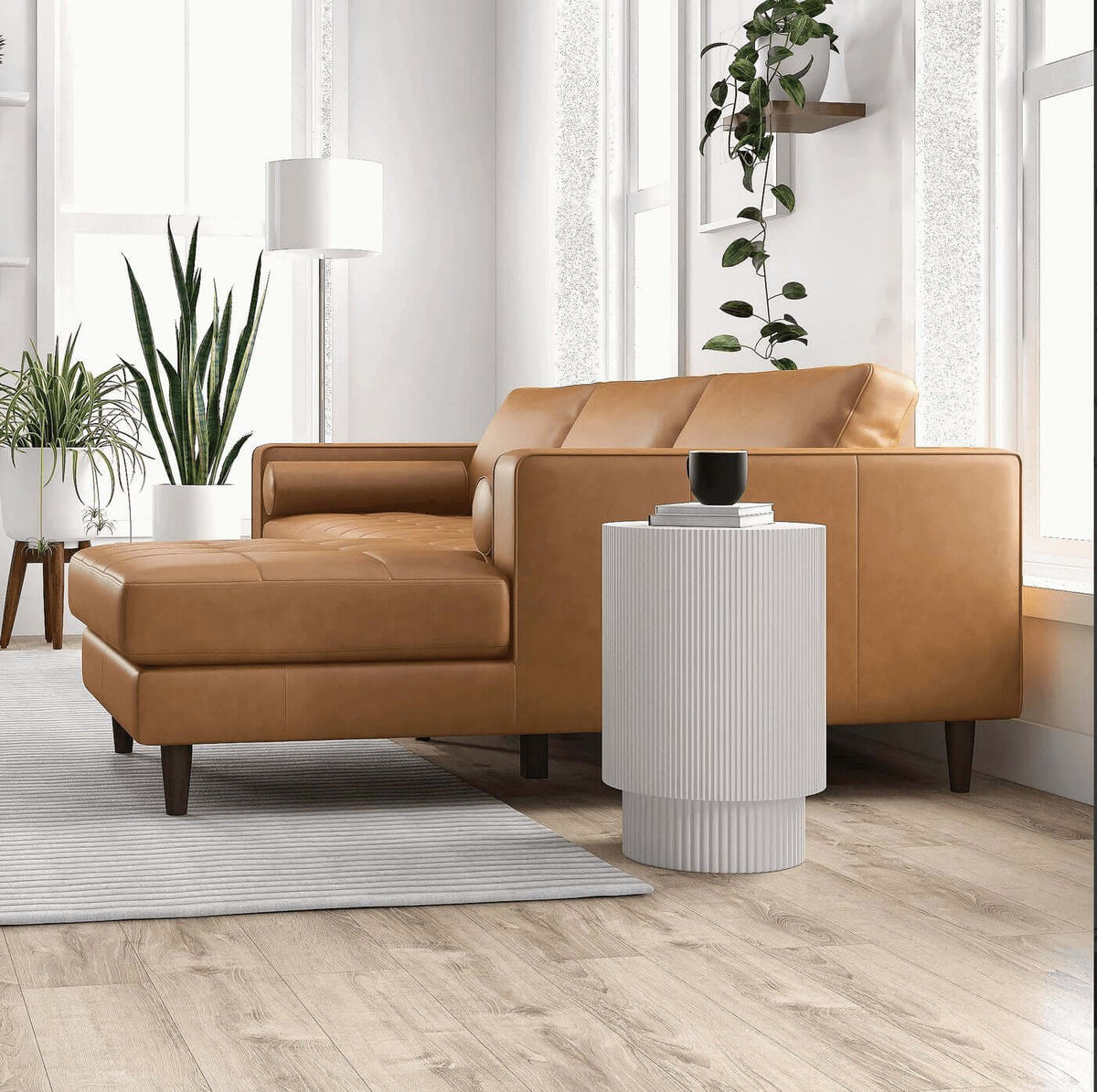 Modern Tufted Leather Chaise Sofa Sectional 101” – Anthony MCM Genuine Leather L-Shape Couch in a stylish living room.