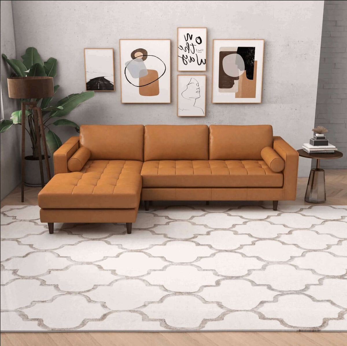 Modern Tufted Leather Chaise Sofa Sectional 101” – in room setting