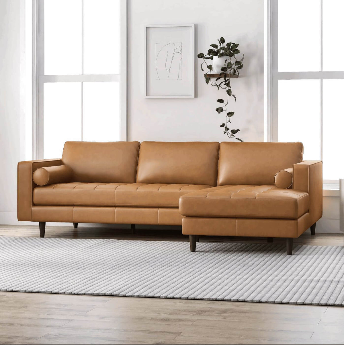 Modern Tufted Leather Chaise Sofa Sectional 101” – Anthony MCM Genuine Leather L-Shape Couch in a bright living room.