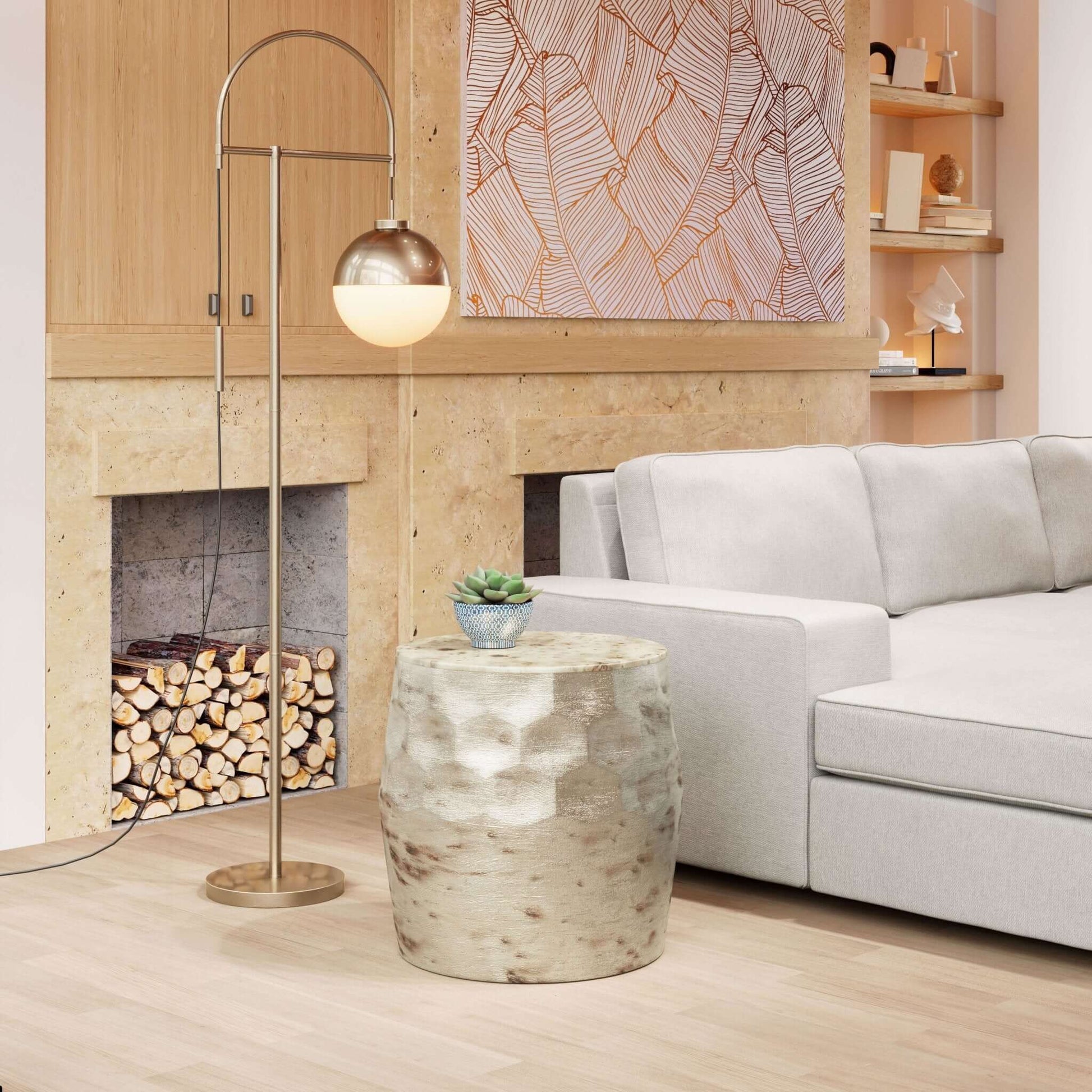 Pam Cylindrical Iron End Side Accent Table, Antique Beige - Revel Sofa 